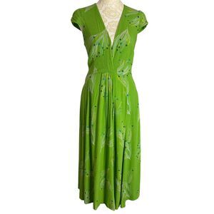 Free People Midi Dress Boho Fit Flare Floral Cap Sleeve Surplice Green 2